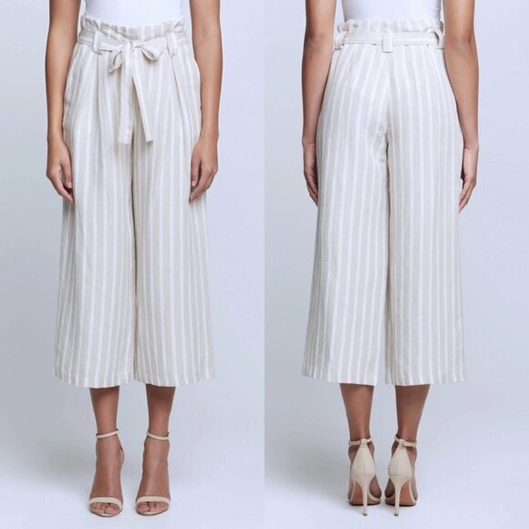 L’AGENCE Samira Linen Cropped Wide legs Paperbag Pants in Bisque and Ivory sz 8 - Picture 1 of 16